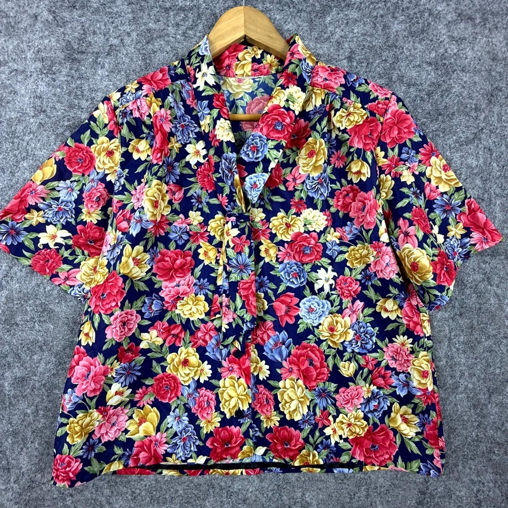 Vintage‎ Womens Blouse Top Large Pink Blue Floral Pleated Short Sleeve Retro 80s